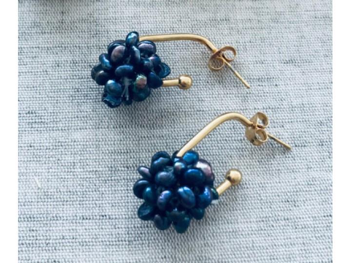 Cluster Stud Hoop Dark Pearl Earrings