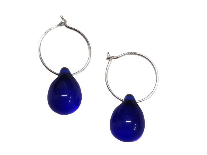 Sea Glass Circle Drop Earrings Royal Blue Silver
