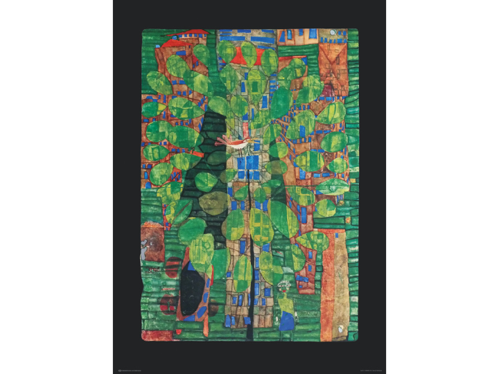 Singing Bird on a Tree in the City (124-sw) - Hundertwasser limited Granolithography 56cm x 77cm