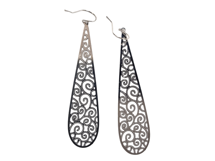Filagree Silver Long Tear Drop Earrings