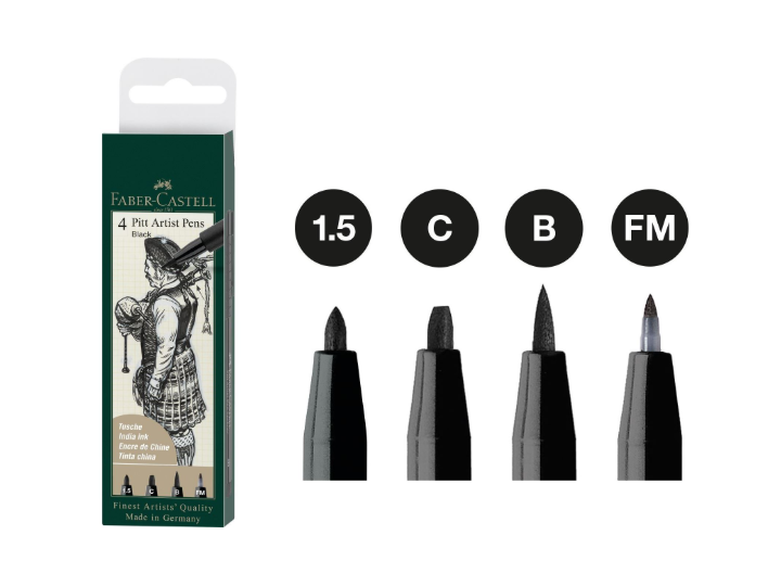 Pitt Artist Pen India Ink Set #199 4 Pack Faber Castell Was $24.00 Now $19.20